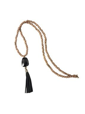 Malas Wood Bead Long Necklace with Black Leather Tassel